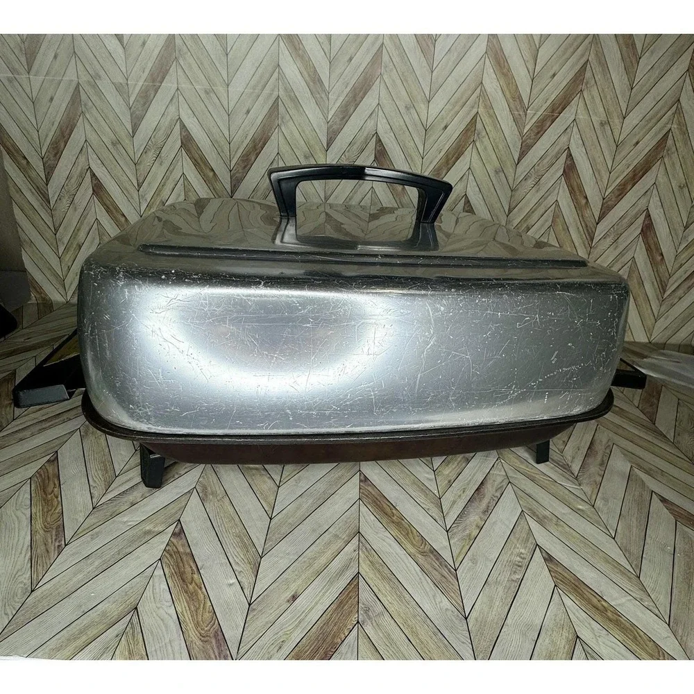 Vintage Electric‎ Skillet Silver Black Square High Dome Lid Temperature Probe